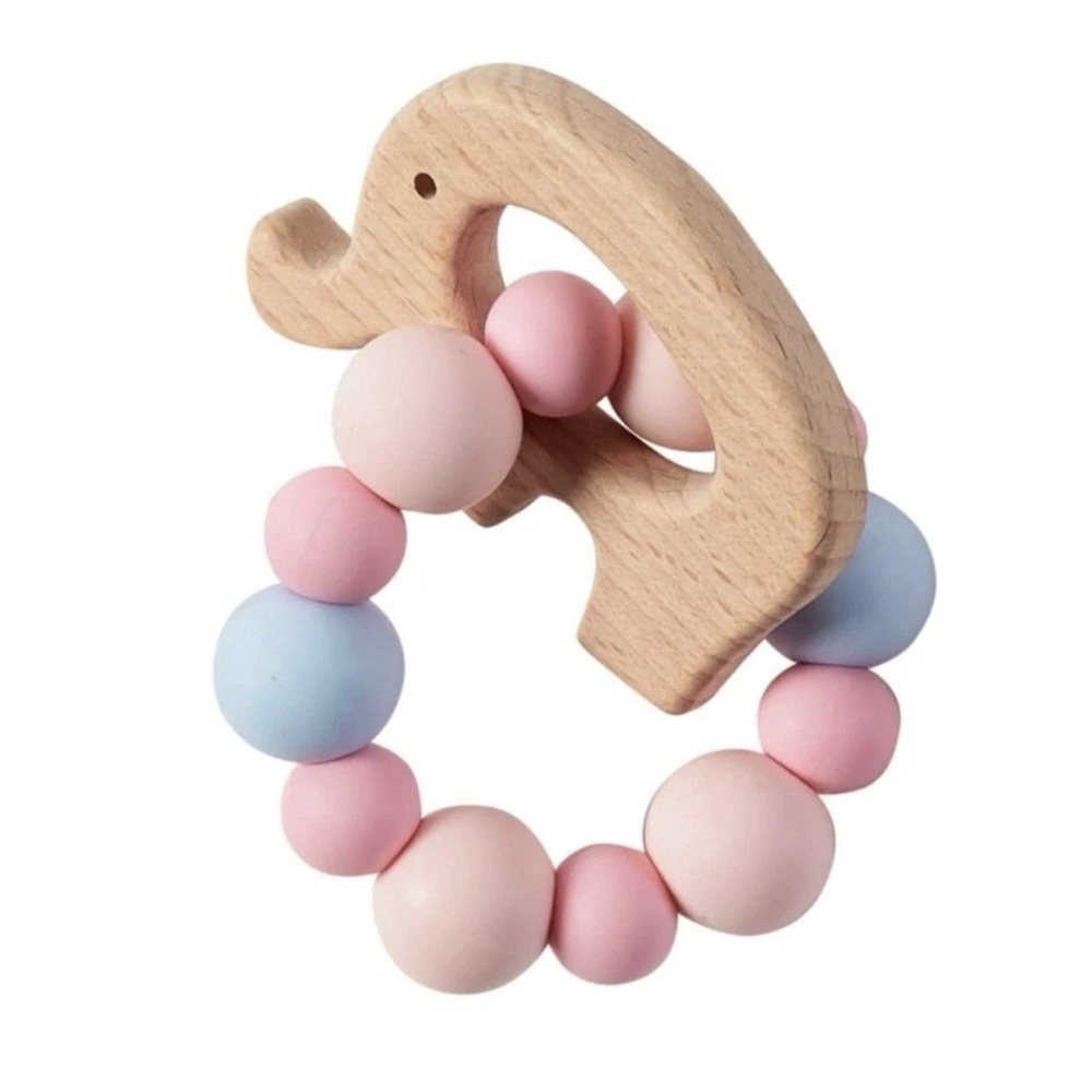Mud Pie Baby Teether Girls  Elephant Wood & Silicone BPA Free Baby Shower Gift